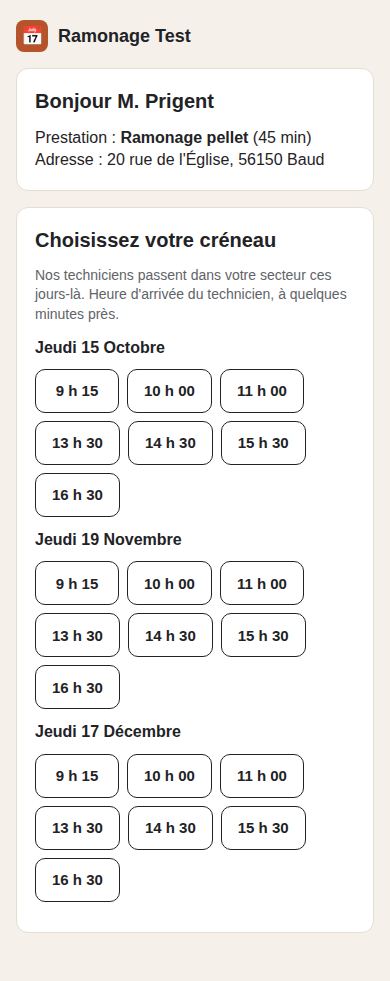 Réservation d'un créneau de ramonage en ligne par le client