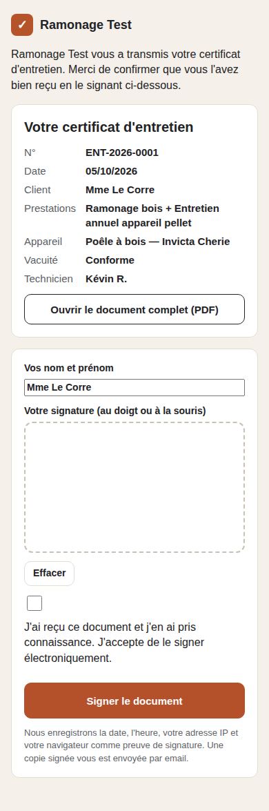 Signature du certificat de ramonage au doigt sur téléphone