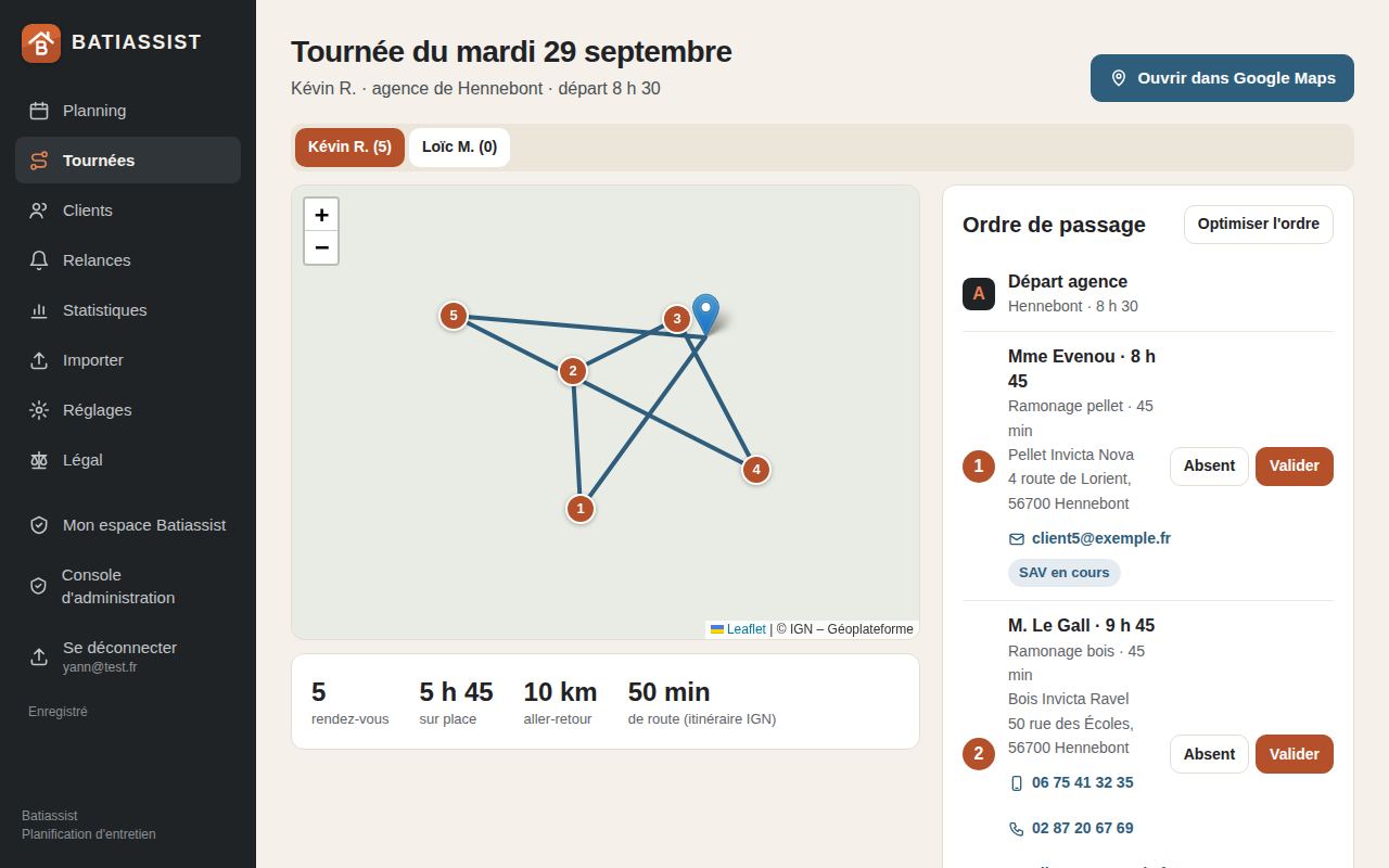Tournée de ramonage optimisée sur la carte avec l'ordre de passage